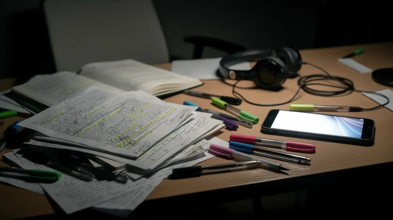 Cena de estudo com excesso de estímulos e celular por perto, sugerindo por que o foco se perde.