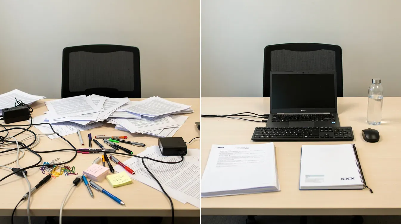 Comparativo visual de mesa desorganizada versus mesa organizada em um home office, sem texto e sem pessoas identificáveis.