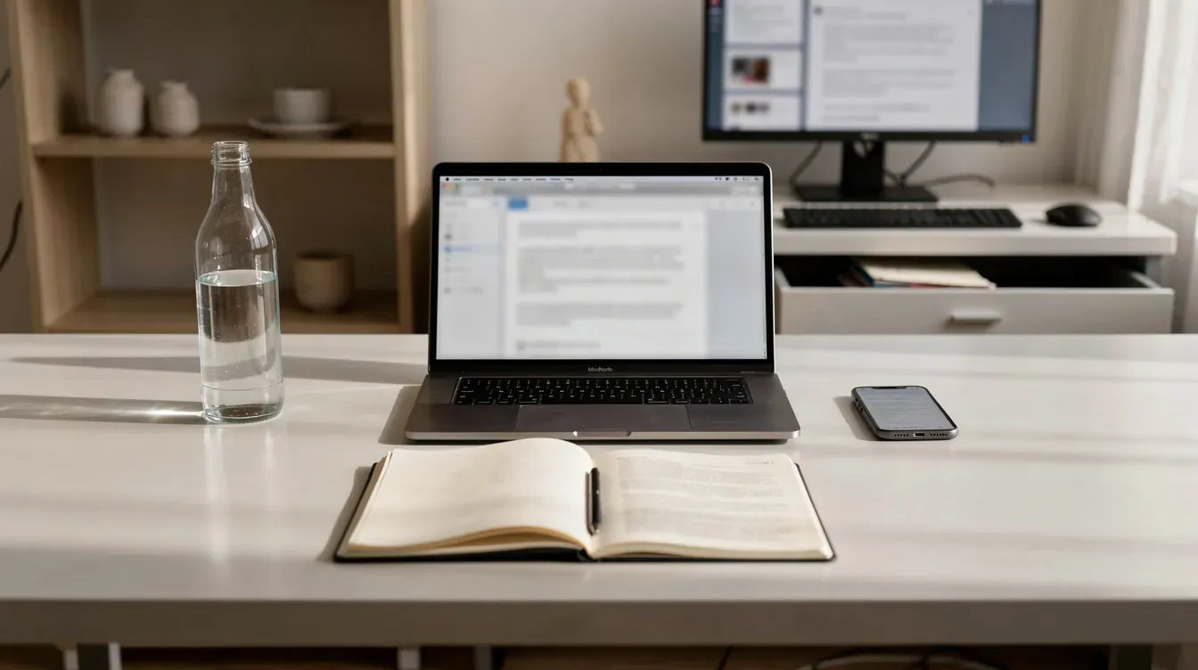 Mesa organizada para foco com notebook, água e material do momento, com celular fora do alcance e poucos estímulos visuais.