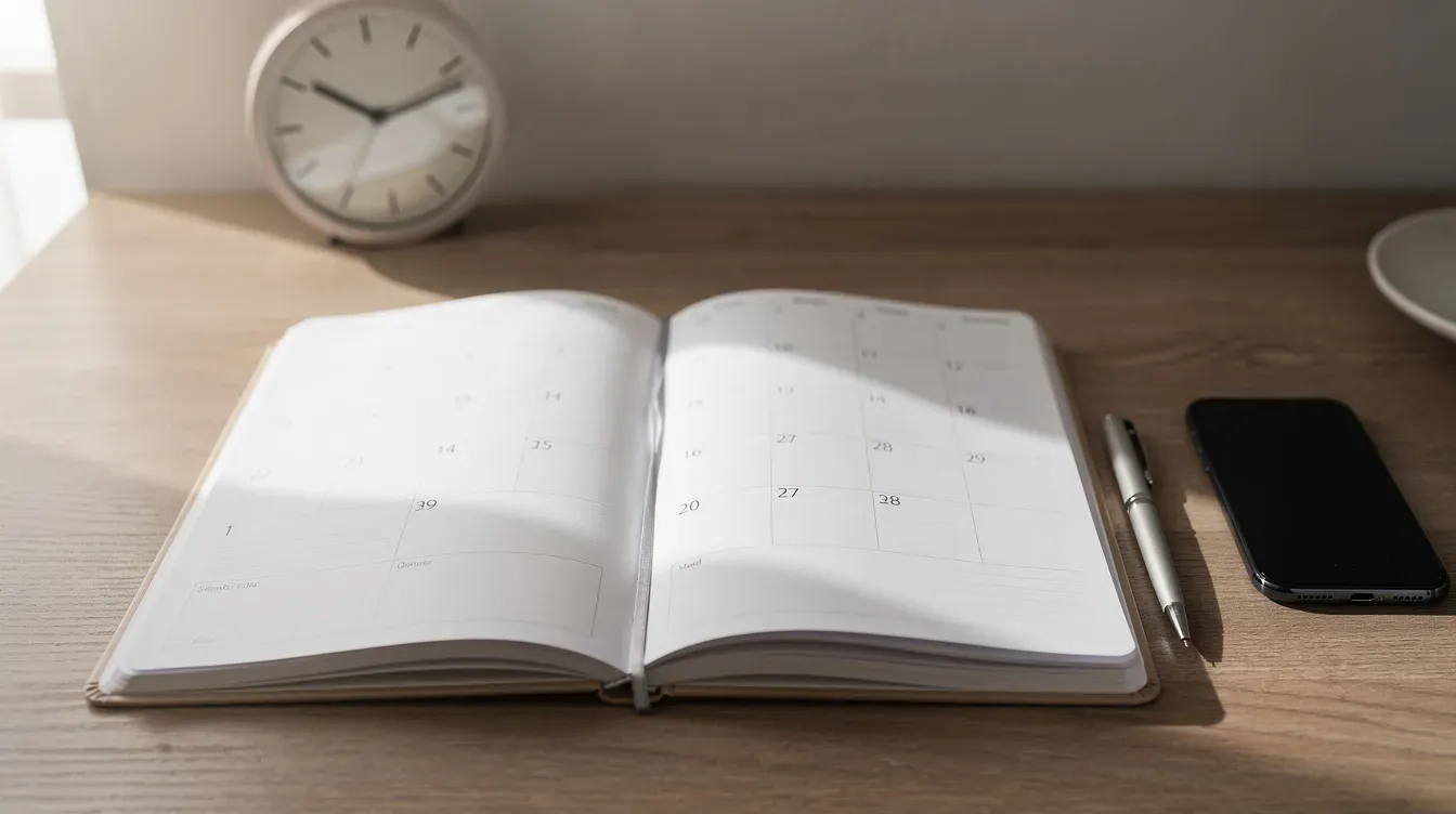 Planner de papel aberto grande na mesa, celular com tela apagada ao fundo desfocado.