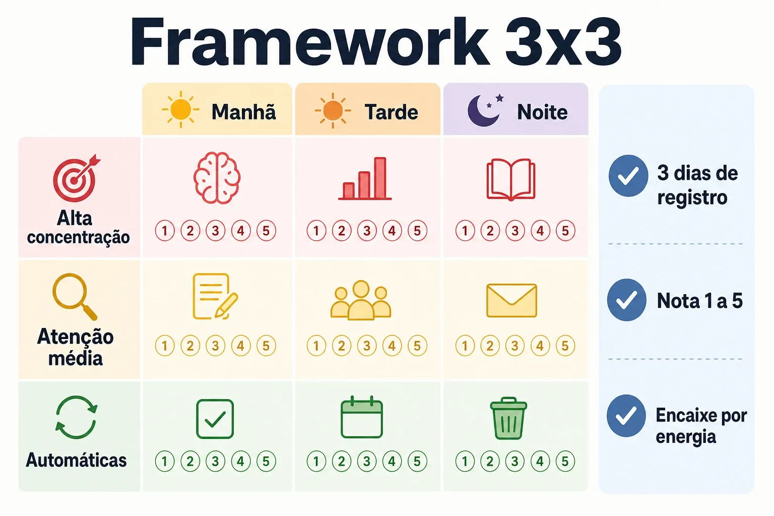 Infográfico 3x3 relacionando energia (baixa, estável, alta) com tipo de tarefa (foco, moderada, fácil) e registro por manhã, tarde e noite.