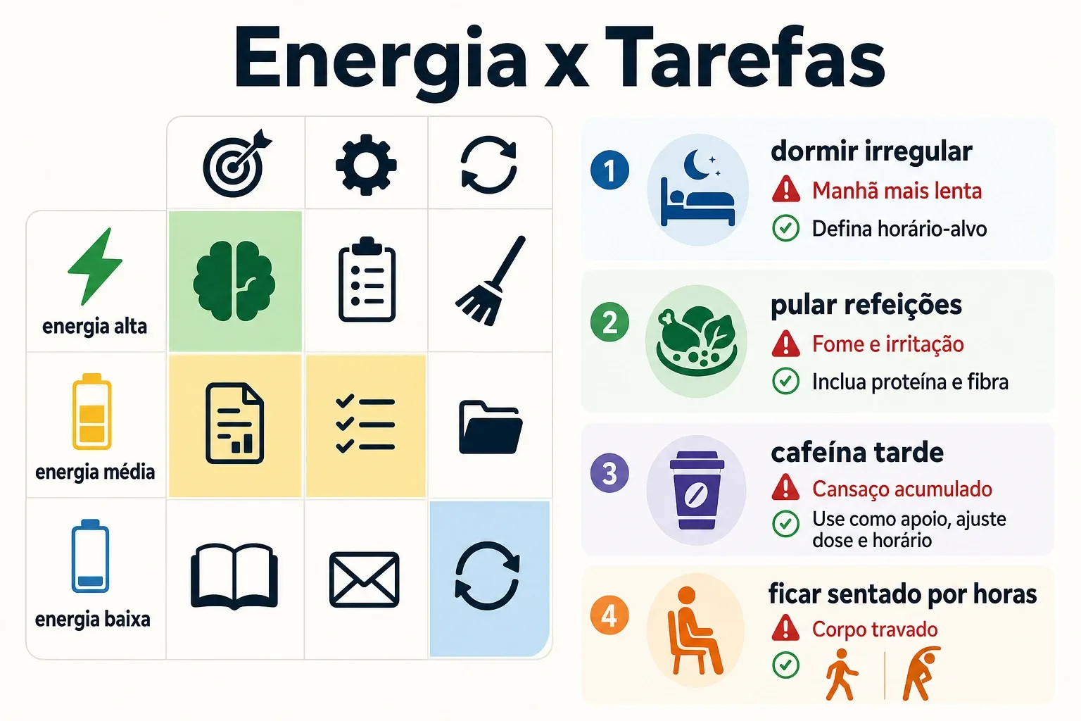 Tabela comparativa de hábitos que drenam energia com sinais de alerta e substituições práticas.
