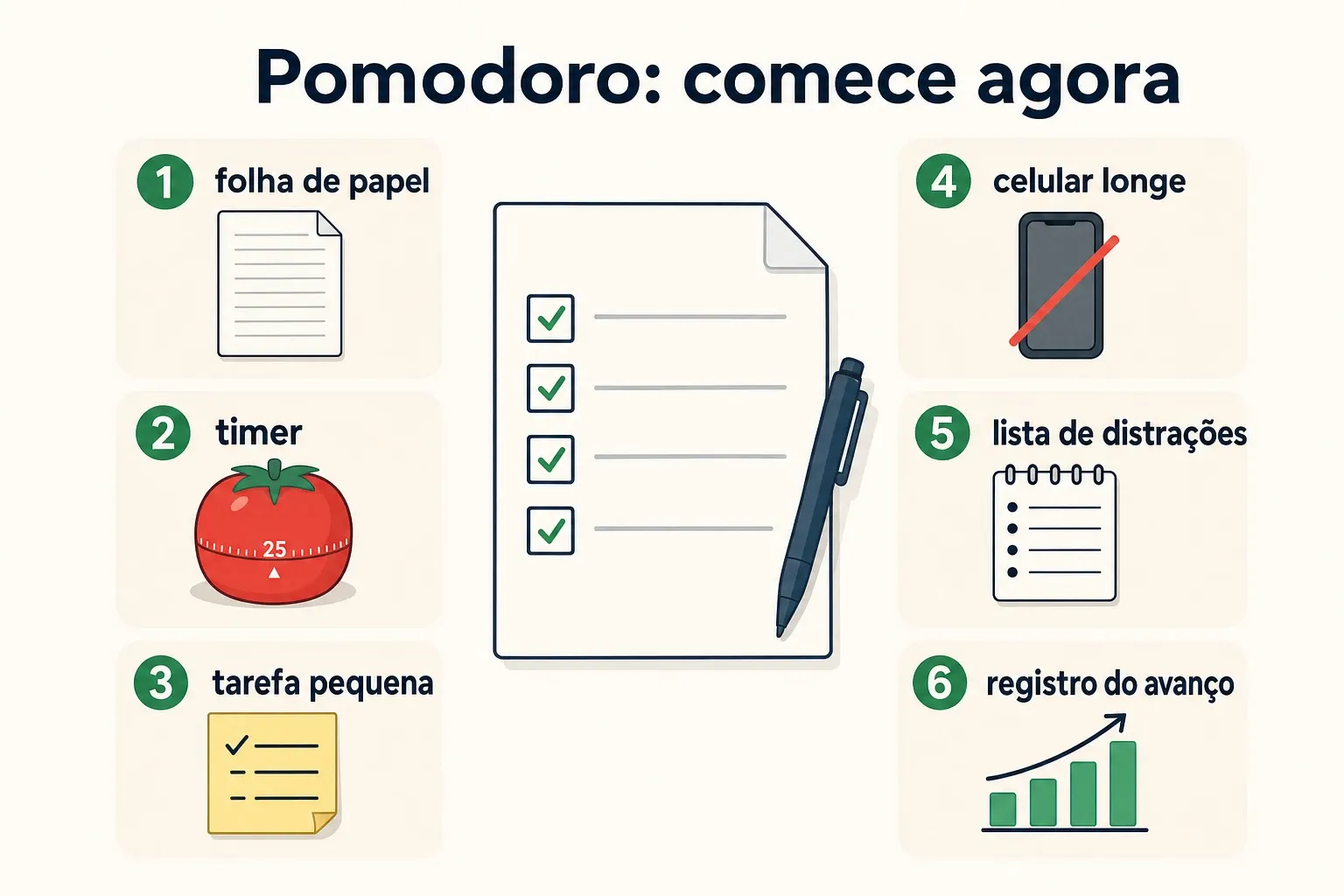 Comparativo em checklist mostrando como começar a Técnica Pomodoro hoje com tarefa pequena, foco de 25 minutos e pausa sem tela.