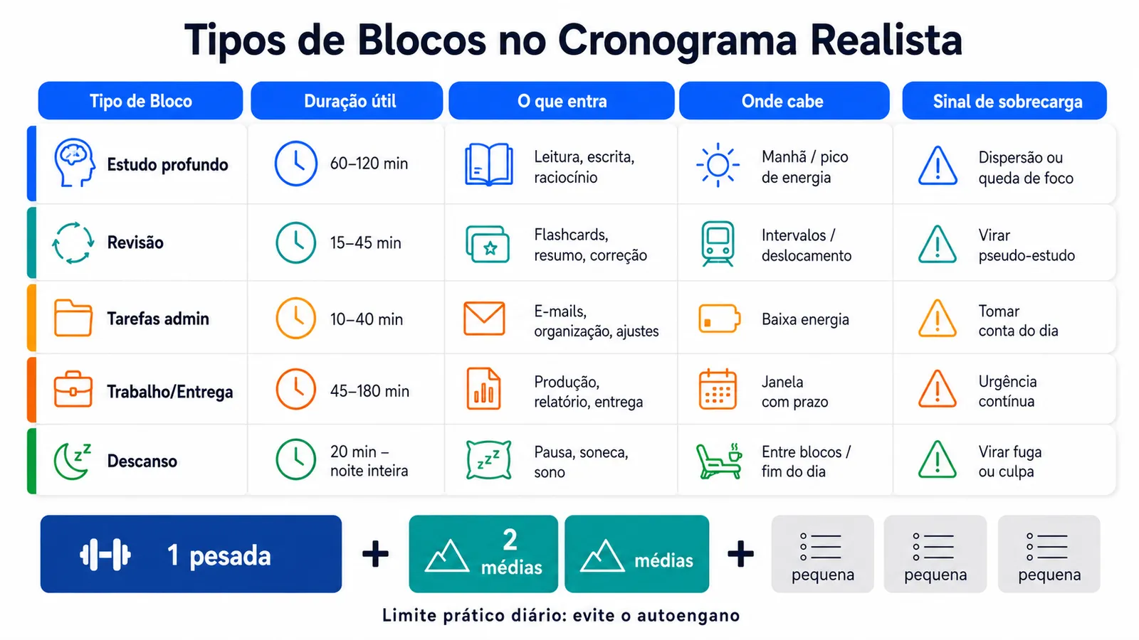 Tabela com 5 tipos de blocos de tempo para montar um cronograma realista sem sobrecarga