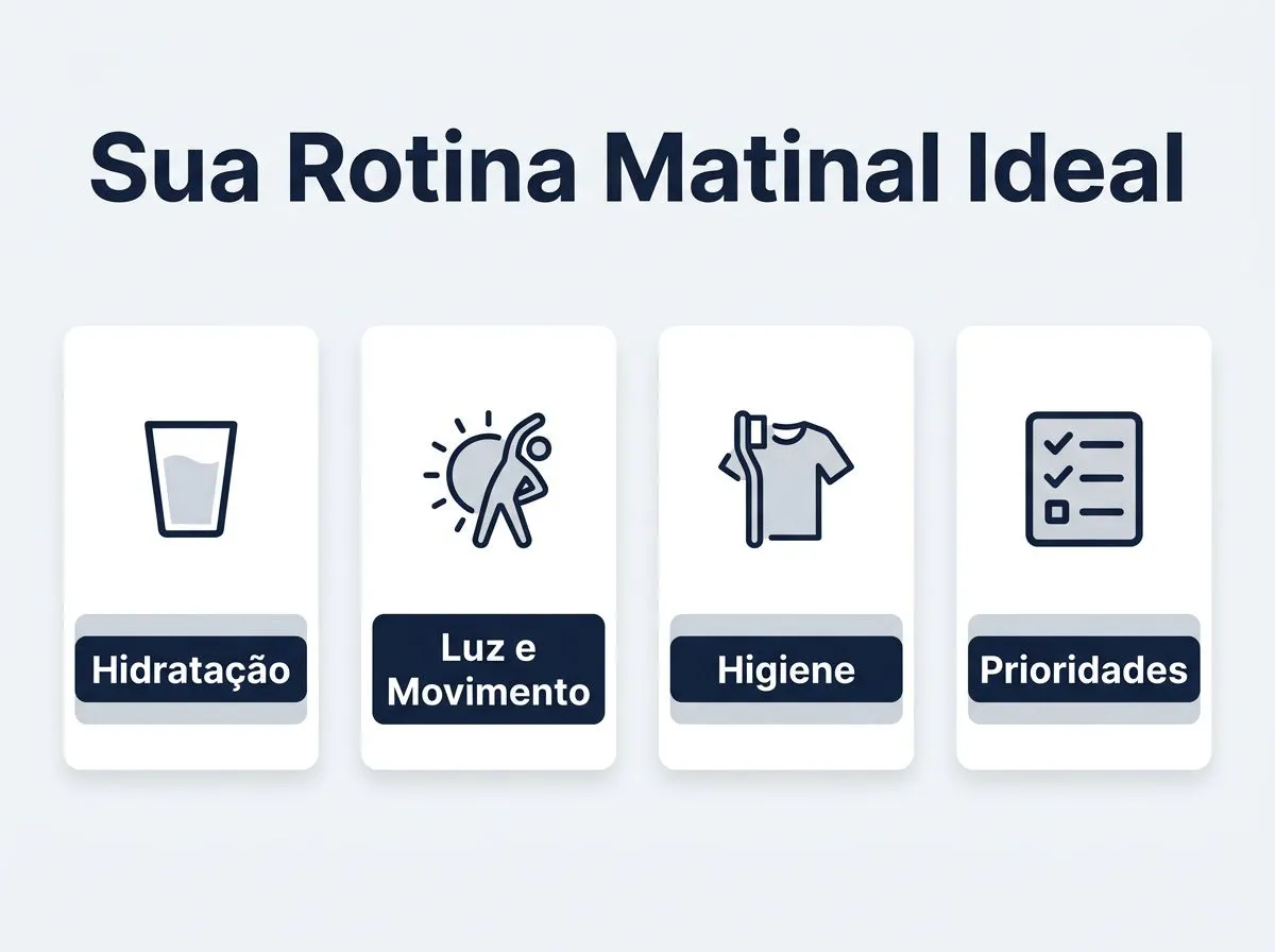 Tabela/infográfico mostrando quais blocos entram na rotina matinal e como executar de forma prática.