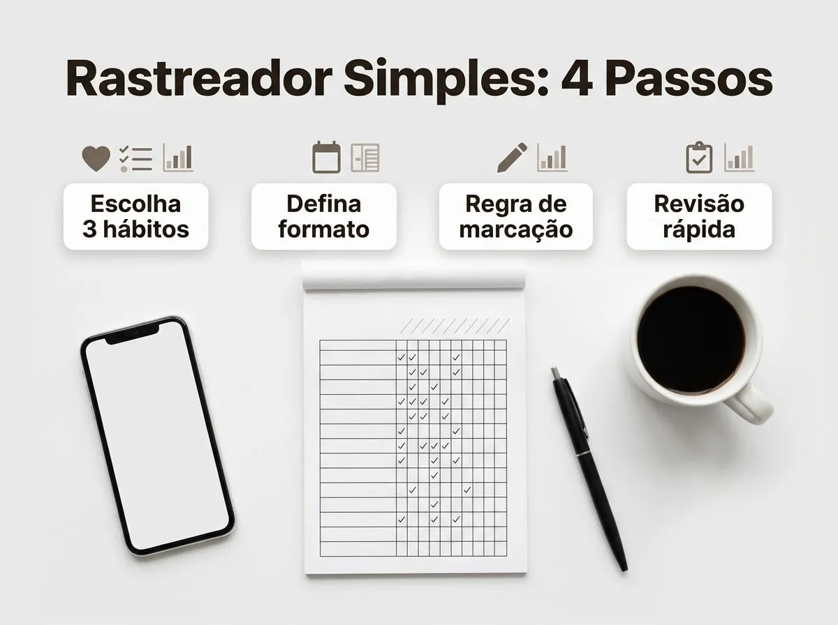 Infográfico com 4 passos para montar um rastreador simples e espaço para revisar.