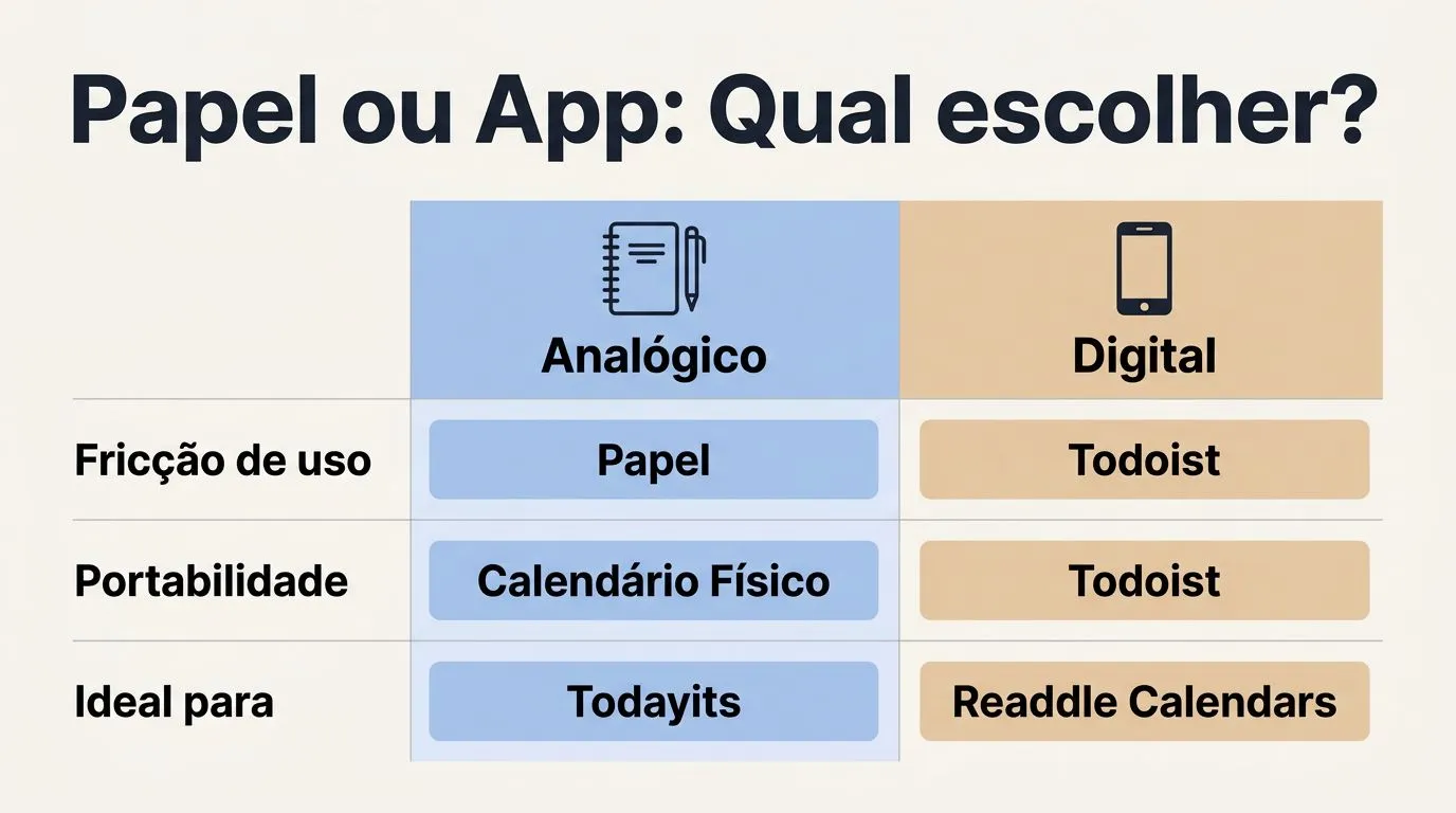 Tabela comparando papel e aplicativos para usar habit tracker.