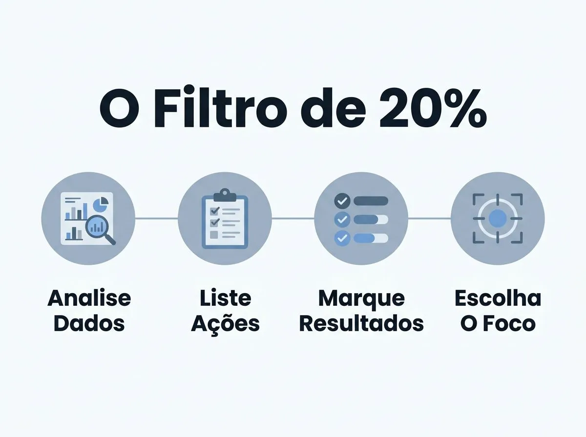 Infográfico com passos para identificar os 20% que geram resultado usando uma amostra de 7 a 14 dias e itens concretos.