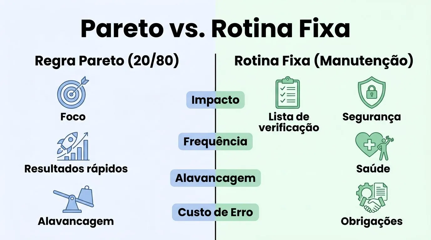 Comparativo entre quando usar e quando não usar o framework Pareto avaliando impacto, frequência, alavancagem e custo de erro.