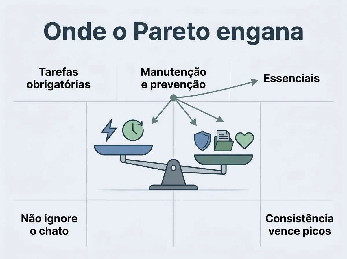 Mesa com caderno aberto e listas manuscritas ilegíveis, sugerindo revisão de prioridades e cautela com a regra 80/20.