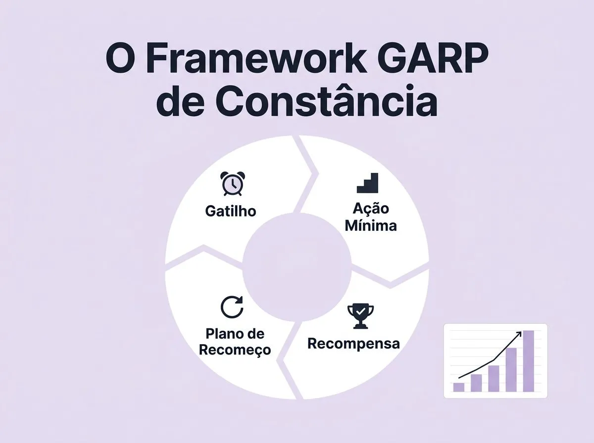 Infográfico com quatro etapas conectadas: Gatilho, Ação Mínima, Recompensa e Plano de Recomeço.