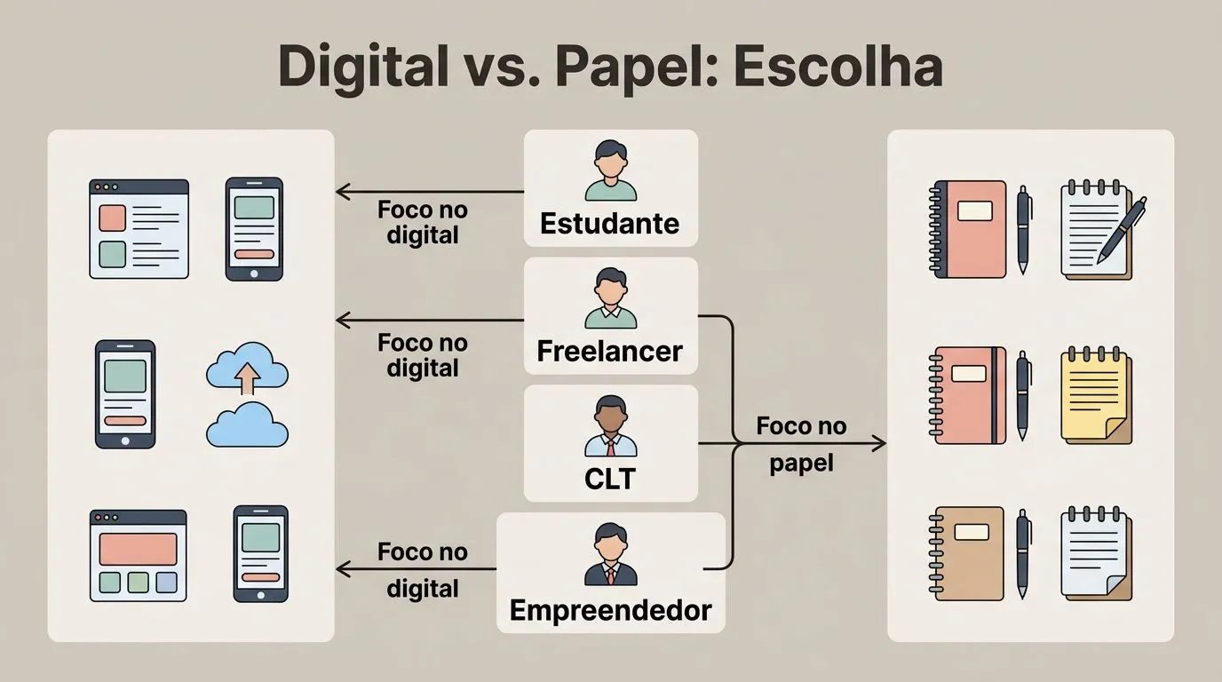 Infográfico em formato de tabela ajudando a escolher planner de acordo com perfil e rotina.