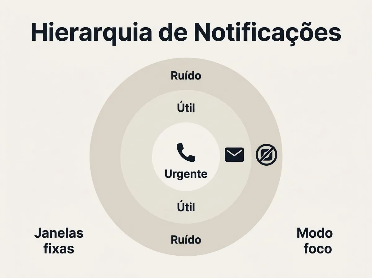 Infográfico com a regra de dividir notificações em três grupos: urgente, útil e ruído, com exemplos.
