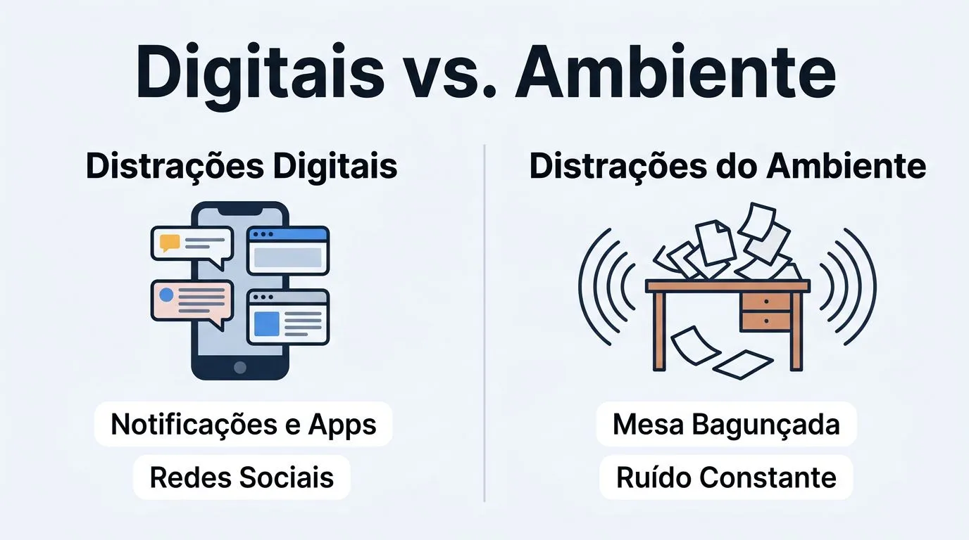 Tabela comparando distrações digitais e distrações do ambiente com origem, sinais e soluções mais eficientes.