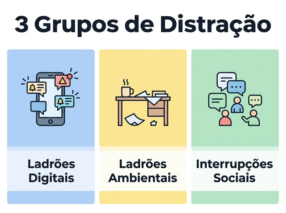 Infográfico mostrando três grupos de distrações: digitais, do ambiente e sociais, com exemplos práticos.