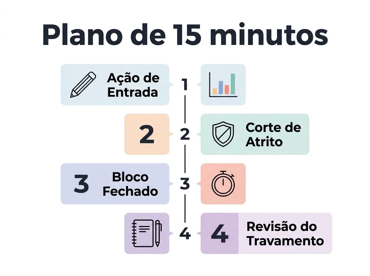 Infográfico com o plano de 15 minutos: ação de entrada, bloquear distrações digitais, foco no bloco e fechar com próximo passo.