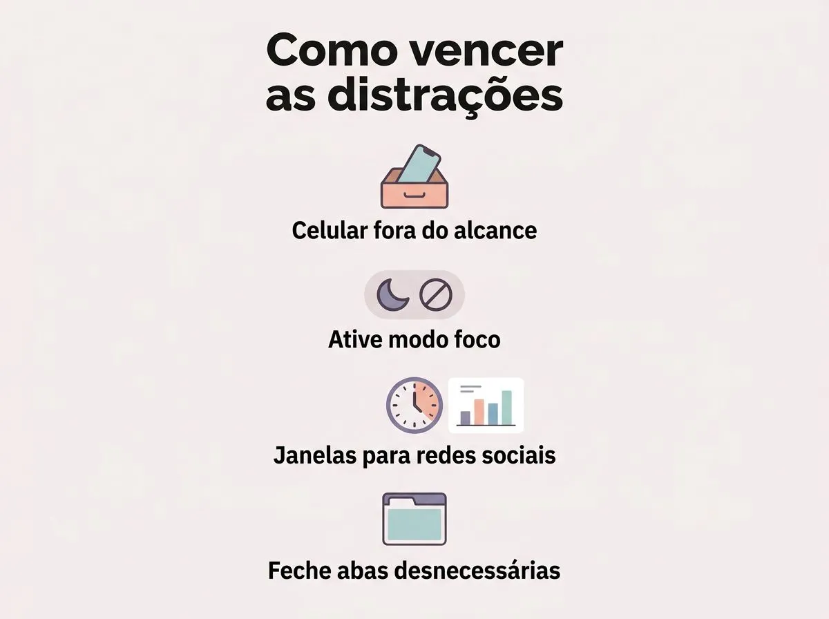 Mãos trabalhando no notebook enquanto o celular fica fora do alcance visual para reduzir distrações.