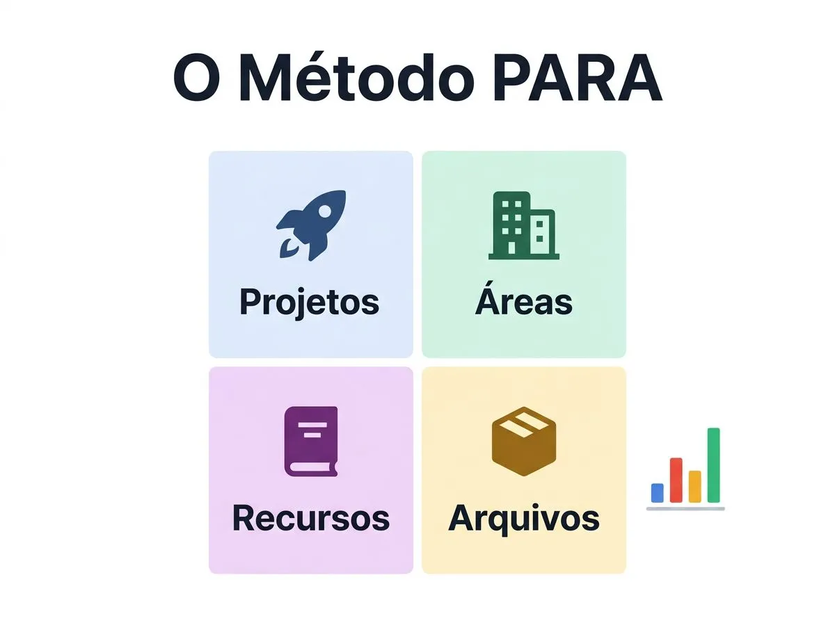 Infográfico com quatro categorias do método PARA: Projetos, Áreas, Recursos e Arquivos, destacando o critério de escolha.