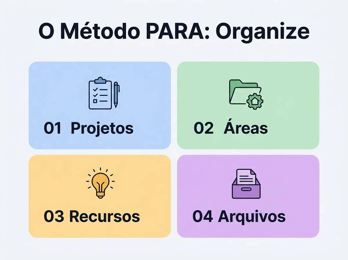Infográfico checklist para começar o método PARA: organizar downloads, Notion inicial e arquivos recentes, e classificar em Projetos, Áreas, Recursos e Arquivos.