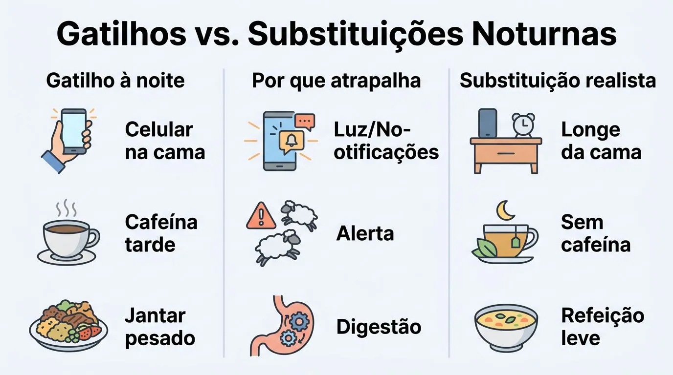 Tabela comparando gatilhos noturnos e substituições realistas para reduzir estímulos antes de dormir.