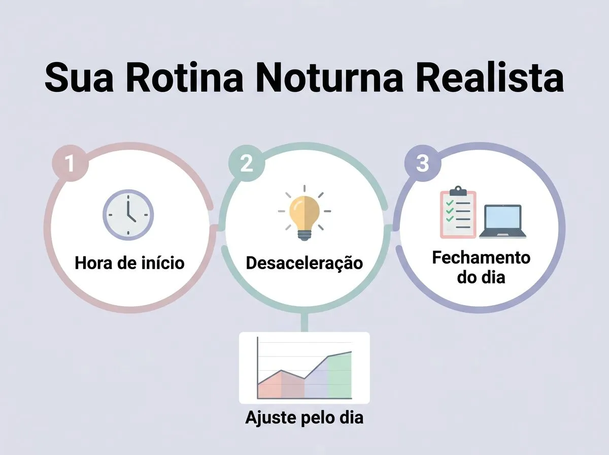 Infográfico com passo a passo para montar uma rotina noturna e desacelerar até dormir melhor.