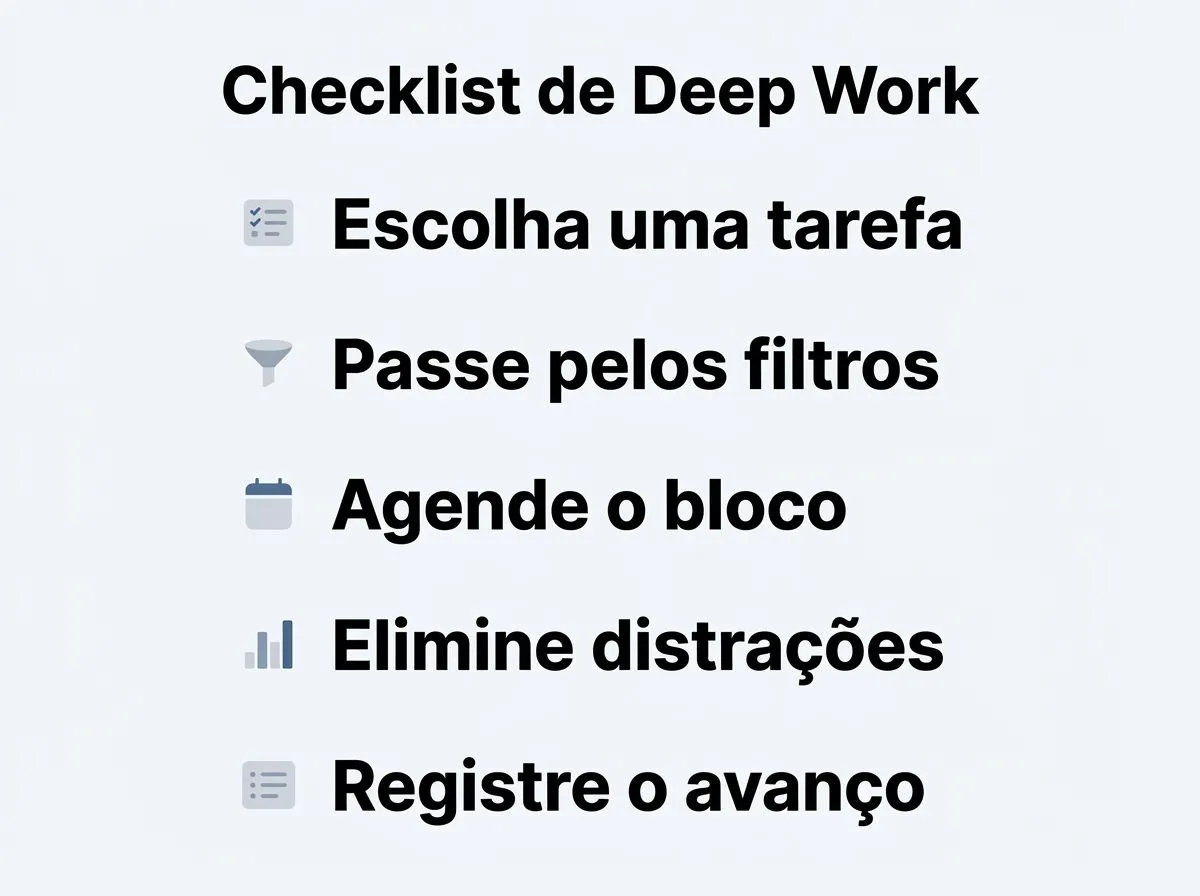 Checklist prático para iniciar deep work hoje: escolher entrega visível, aplicar os 3 filtros e reservar um bloco protegido.