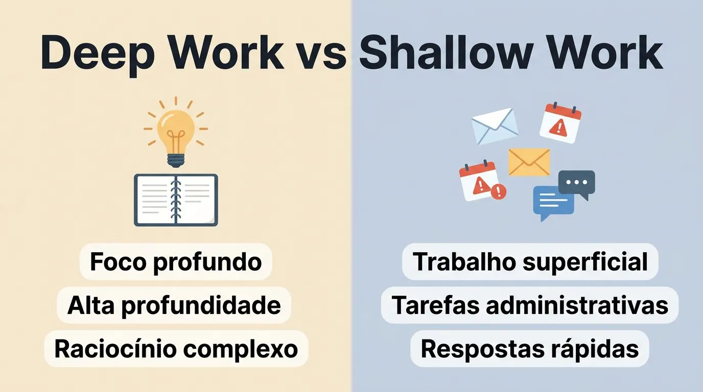 Comparação visual entre deep work e shallow work com critérios como profundidade cognitiva e nível de interrupção.