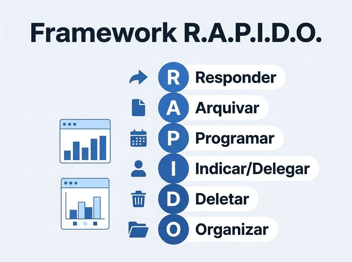Infográfico em formato de fluxo mostrando o checklist R.A.P.I.D.O. para decidir o destino de cada e-mail rapidamente.