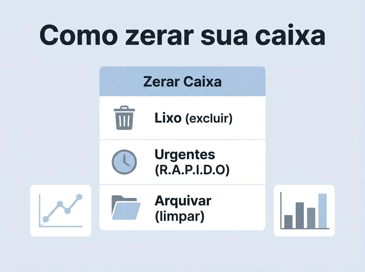 Infográfico checklist com passos para zerar a caixa de entrada hoje, incluindo grupos urgentes, pendentes e lixo.