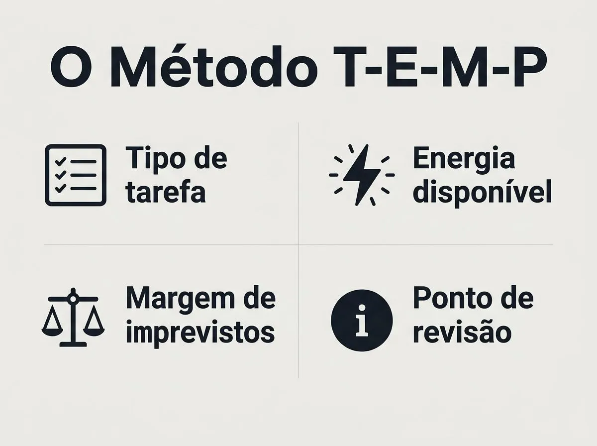 Infográfico com o framework T-E-M-P para montar o primeiro dia em blocos e incluir revisão.