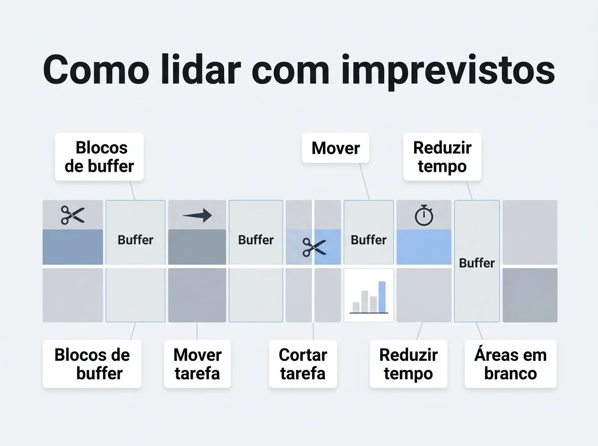 Infográfico com regra de buffer de 15 minutos e ajuste para imprevistos sem derrubar o dia.