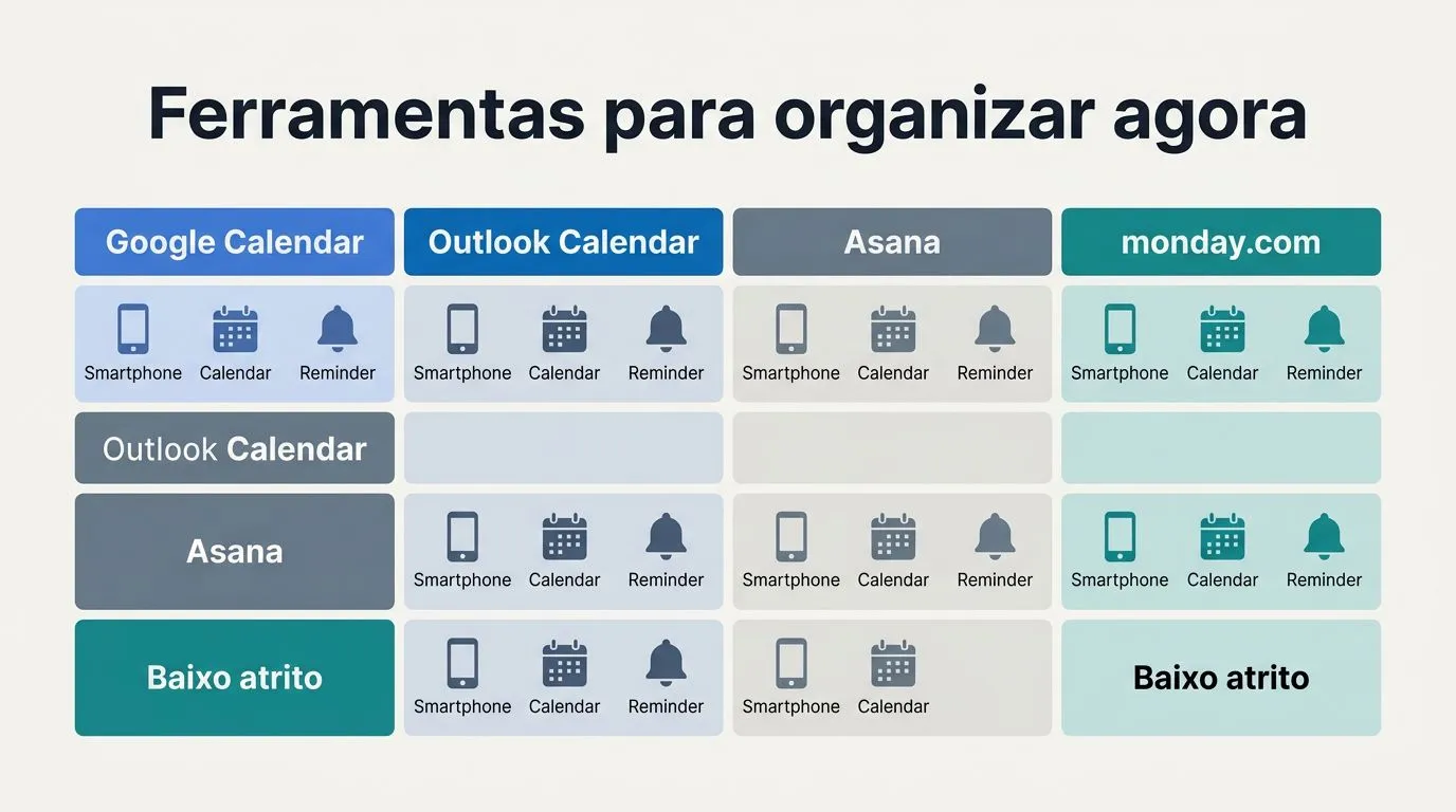 Comparativo de ferramentas para time blocking: Google Calendar e Outlook Calendar com critérios como visão semanal e lembretes.