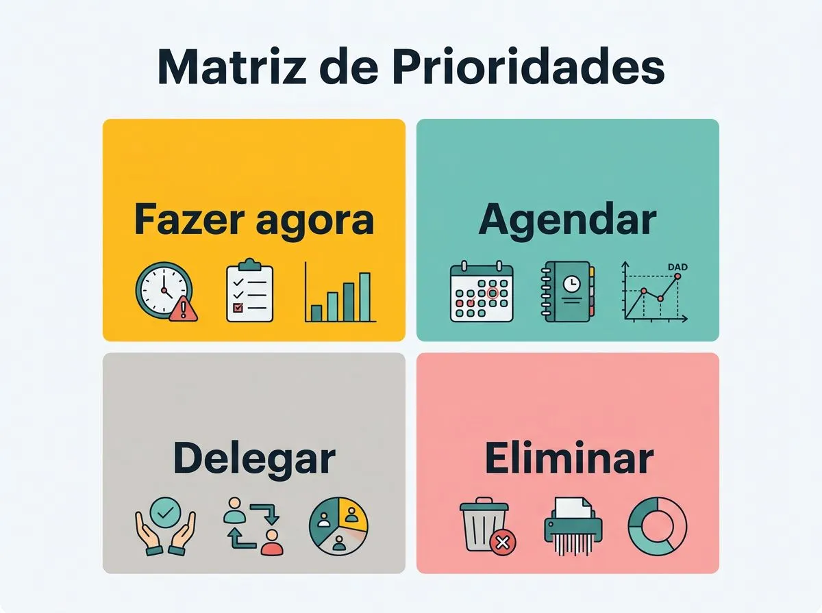Infográfico em 2x2 mostrando quadrantes urgente/importante com ações recomendadas e risco.