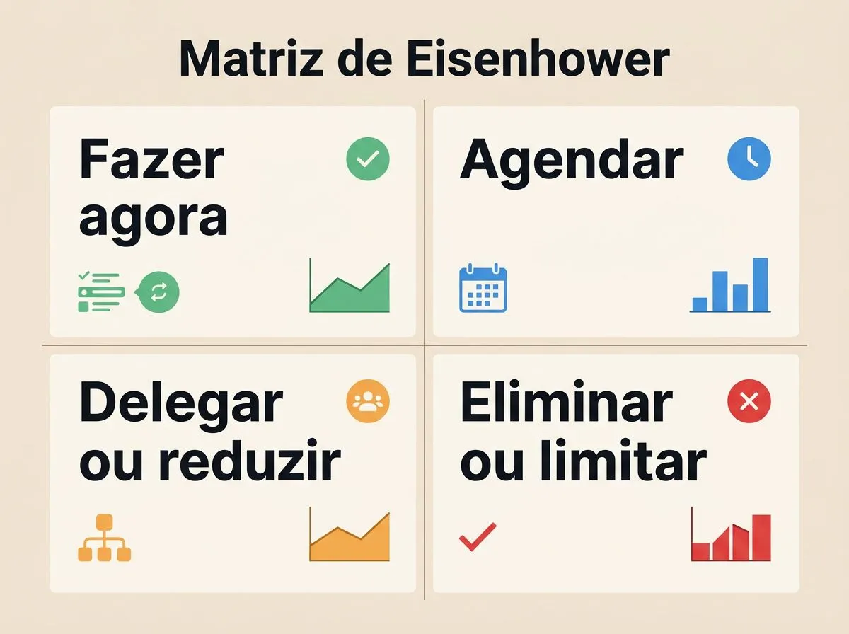 Template de Matriz de Eisenhower com tabela de quadrantes, ação padrão e critério rápido.
