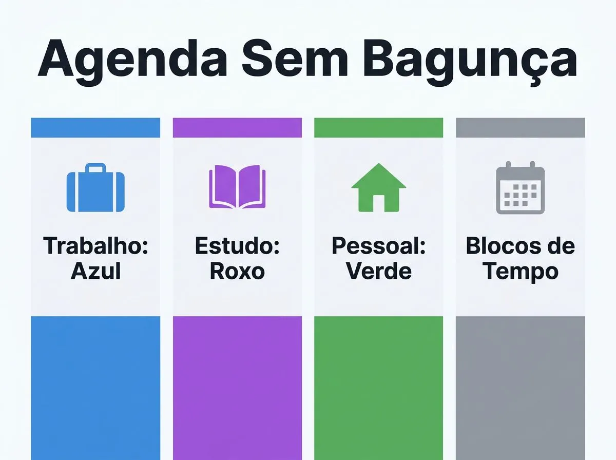 Pessoa organizando a agenda com eventos, cores e categorias em um ambiente de trabalho.