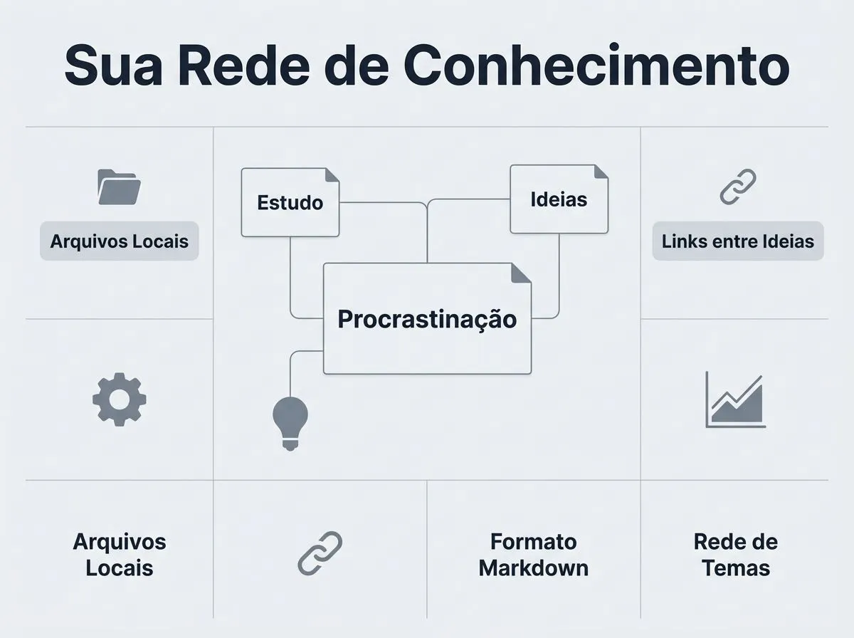 Infográfico com etapas do Obsidian: Markdown, links entre notas e uso de backlinks para criar uma rede de ideias.
