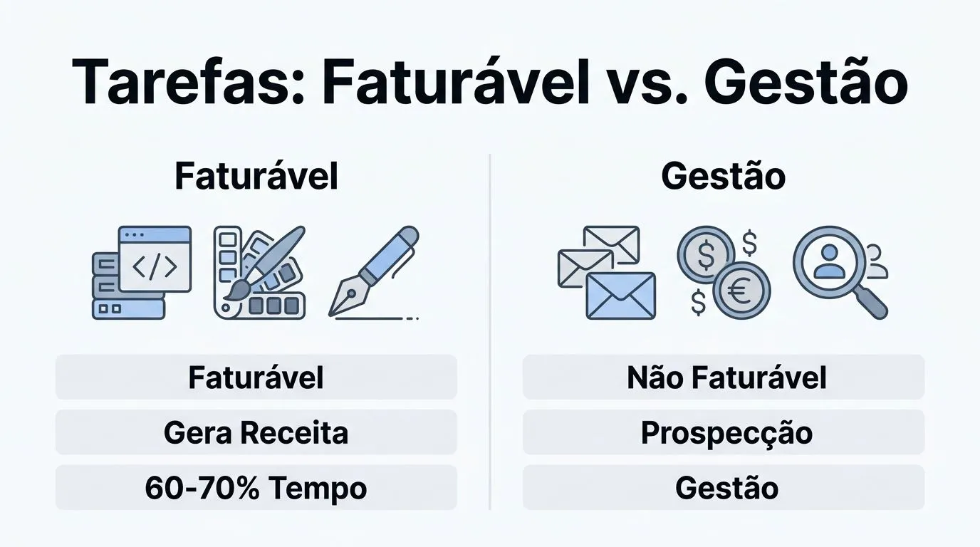 Tabela comparativa simplificada entre tarefas faturáveis e tarefas de gestão para freelancers.