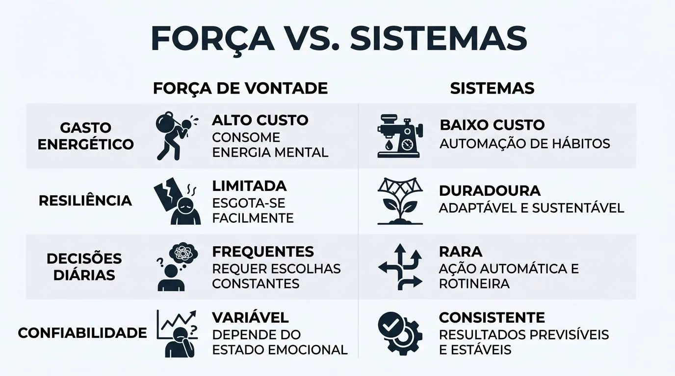 Gráfico comparando o gasto energético e a resiliência entre o uso de força de vontade versus sistemas automáticos.