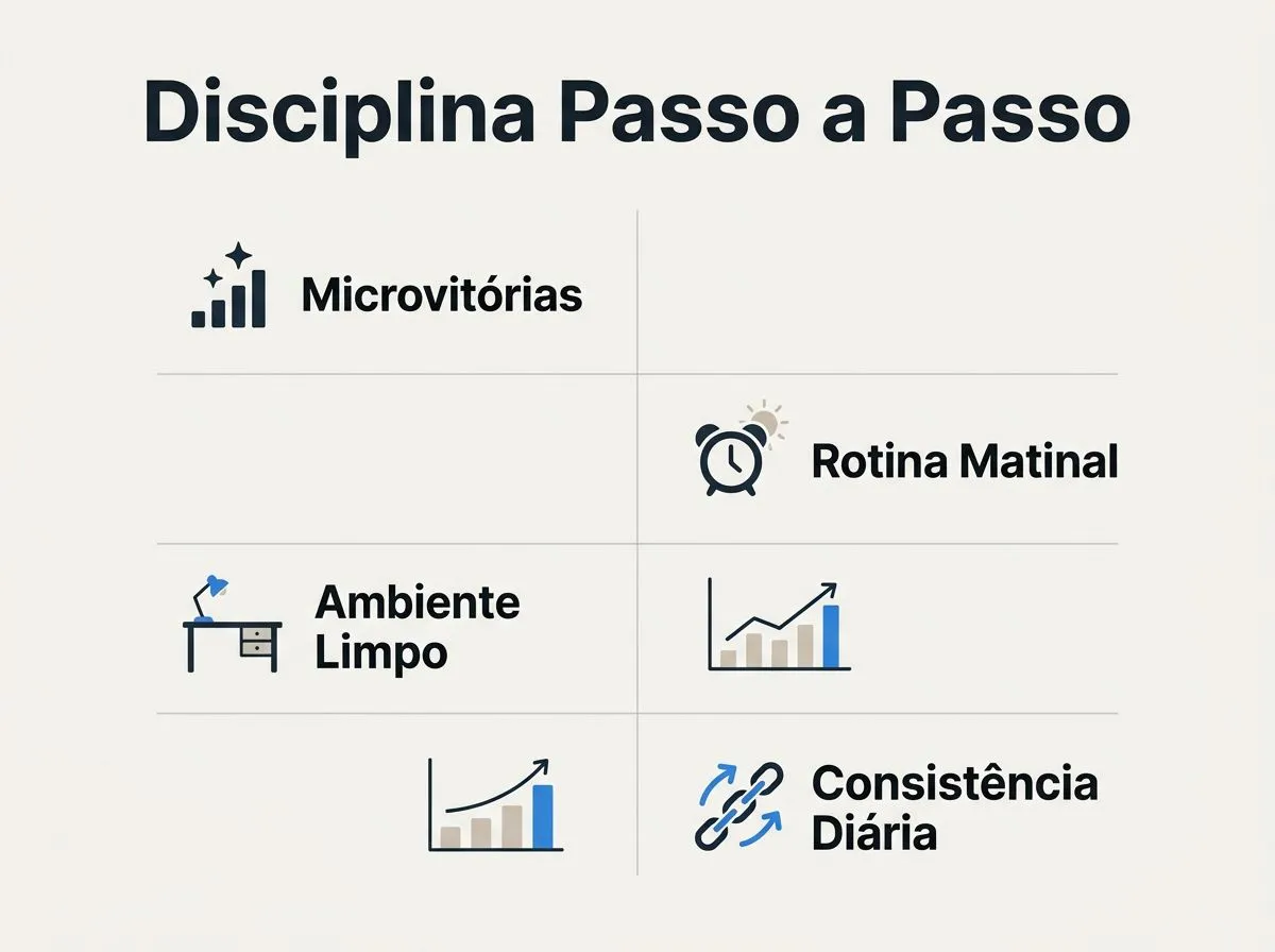 Infográfico mostrando quatro passos fundamentais e simples para construir autodisciplina do zero.