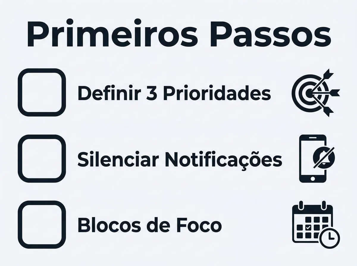Infográfico com três passos essenciais para iniciar a produtividade hoje.