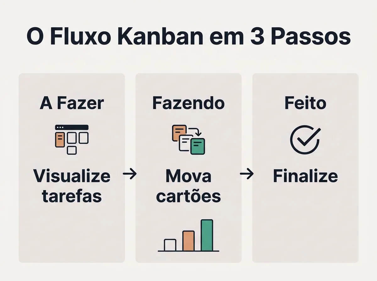 Infográfico ilustrando as três etapas essenciais do Kanban: A Fazer, Fazendo e Feito.