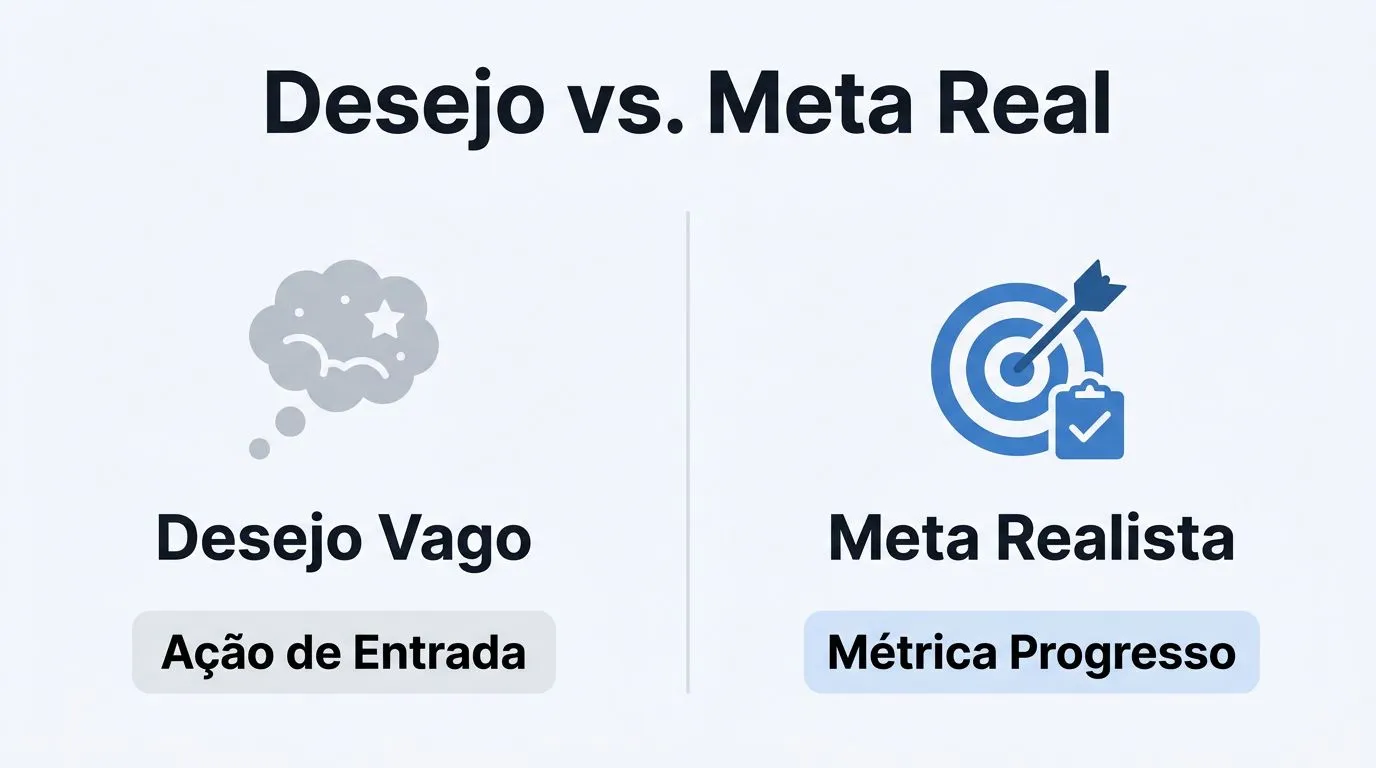 Comparativo visual entre desejos vagos e metas realistas com exemplos de ações de entrada.
