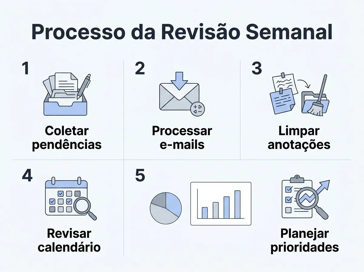 Infográfico com 5 passos simples para realizar a revisão semanal.