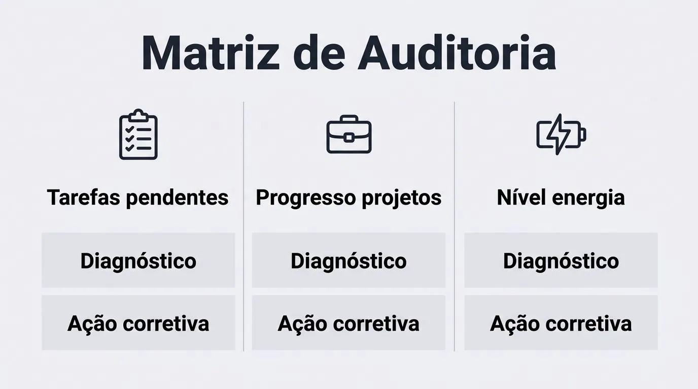Matriz comparativa para auditoria de tarefas, projetos e energia pessoal.