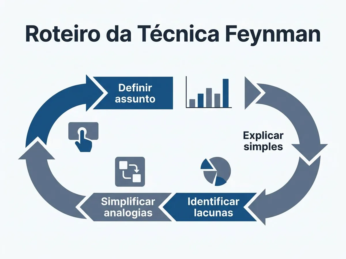 Infográfico com quatro etapas: definir assunto, explicar simples, identificar lacunas e simplificar analogias.