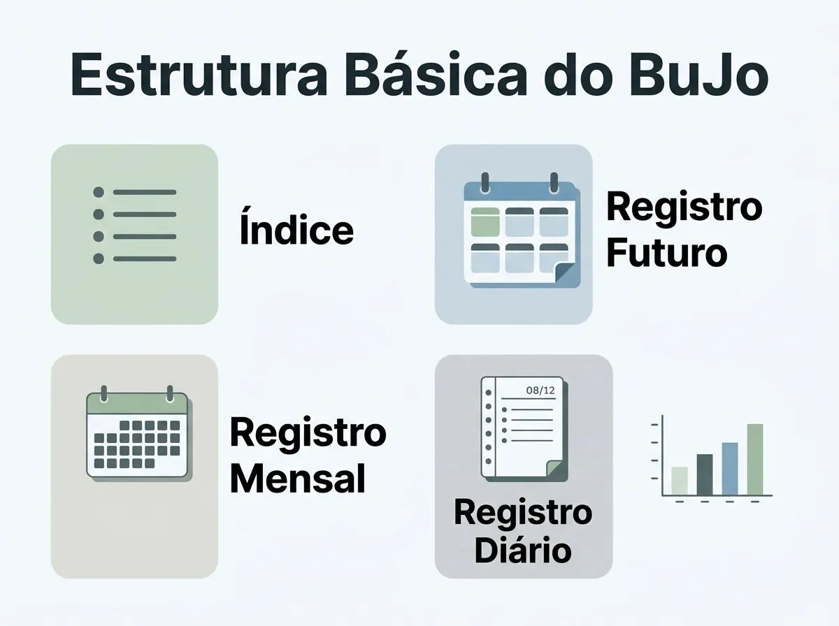 Infográfico com as quatro estruturas essenciais de um Bullet Journal.