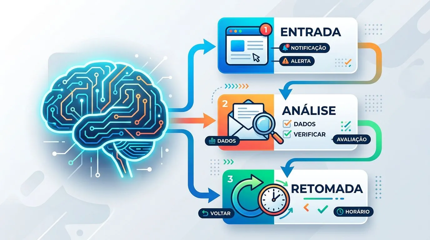 Infográfico com blocos e ícones mostrando que interromper exige reconstruir contexto para retomar.