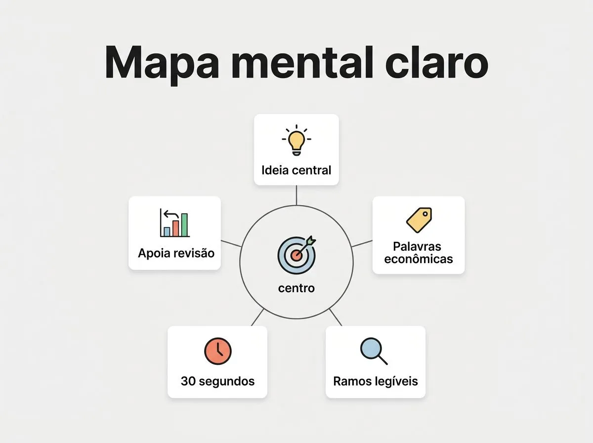 Infográfico em formato radial com checklist de clareza para mapa mental.