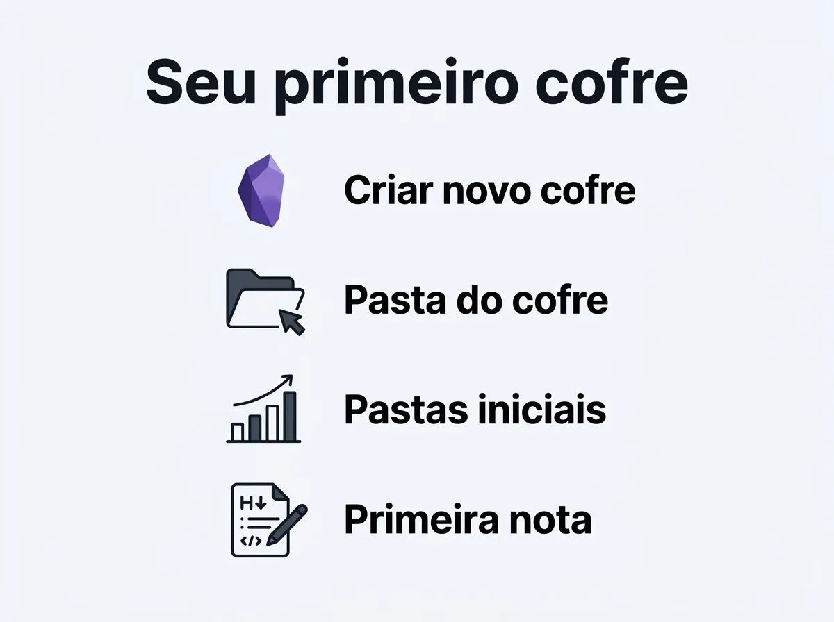 Infográfico com etapas para criar o cofre, organizar pastas e escrever a primeira nota no Obsidian.
