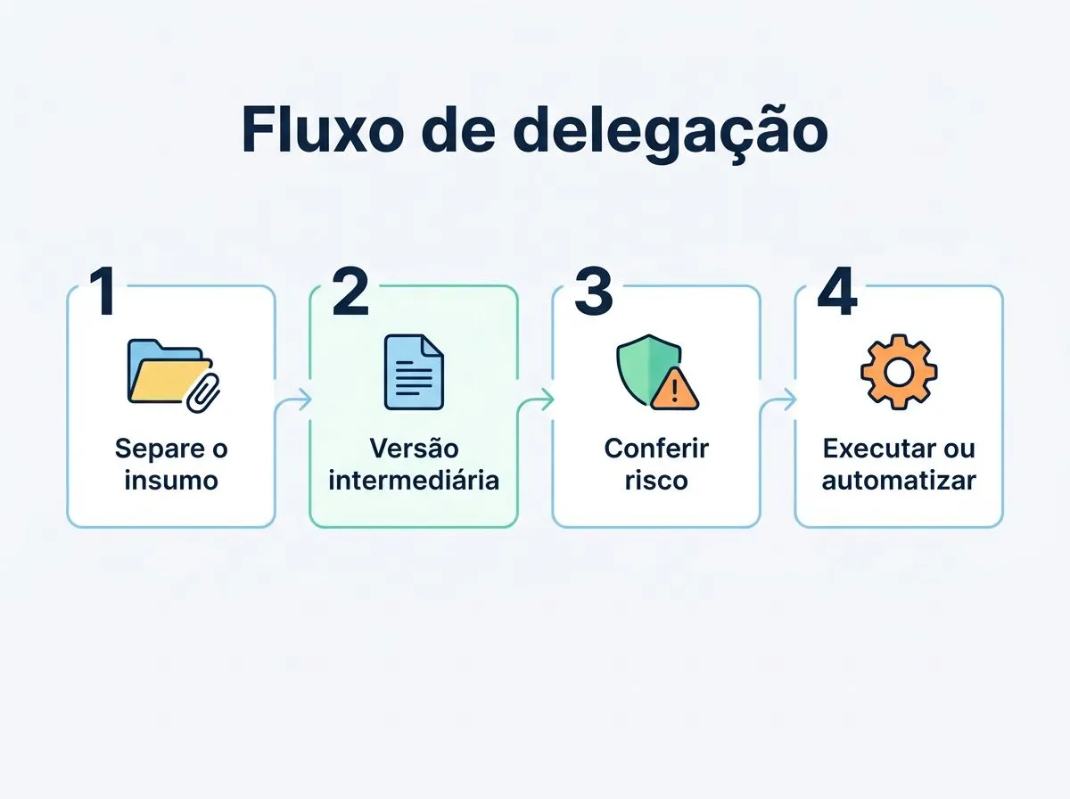 Infográfico em quatro etapas mostrando o fluxo de delegação com IA: separar insumo, criar versão intermediária, conferir risco e depois executar ou automatizar.